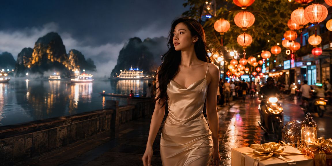 Chợ đêm tại Hạ Long với ánh đèn rực rỡ phản chiếu mặt vịnh, người dùng tham gia cá cược qua điện thoại