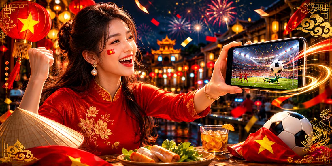 Người dùng tại Hà Nội mở ứng dụng cá cược trên điện thoại trong không gian đèn lồng rực rỡ buổi tối