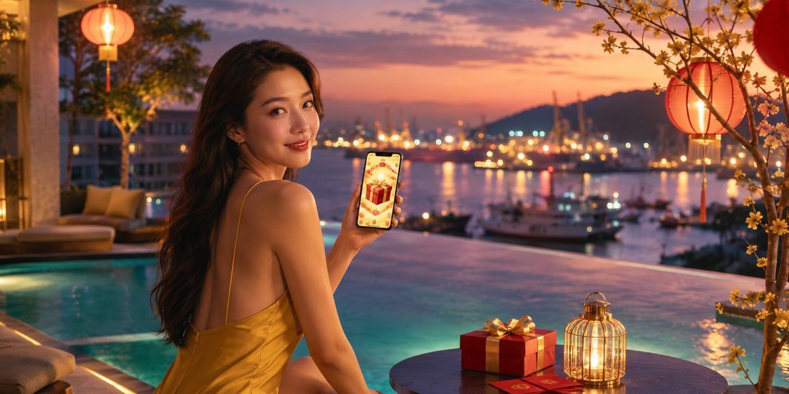 Đèn lồng đỏ và phong bì may mắn trong không khí lễ hội ven biển Vũng Tàu gợi lên niềm vui giải trí